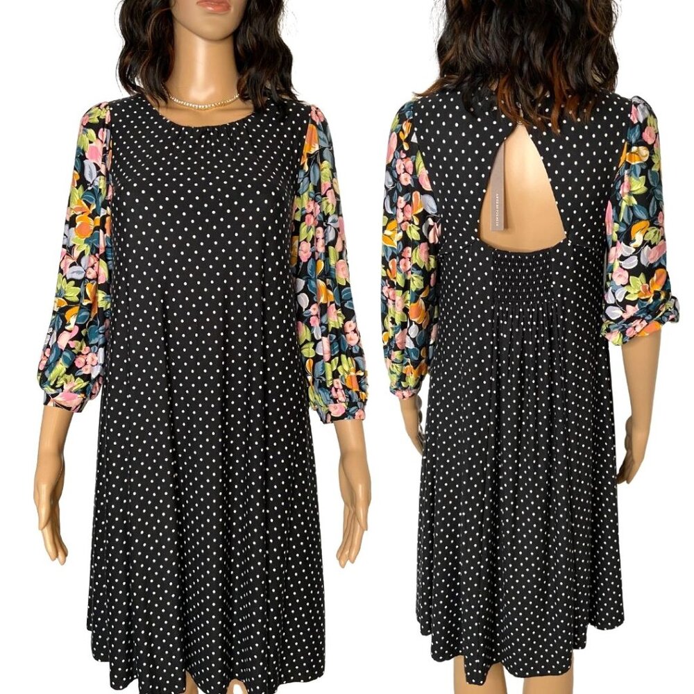 Maeve by Anthropologie Sawyer Polka Dot Floral 3/4 Sleeve Dress Black Size XS